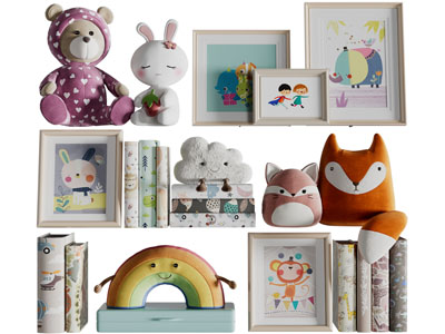现代儿童玩偶、书籍摆件组合