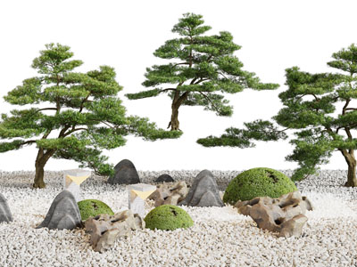 中式松树、石头景观园艺小品