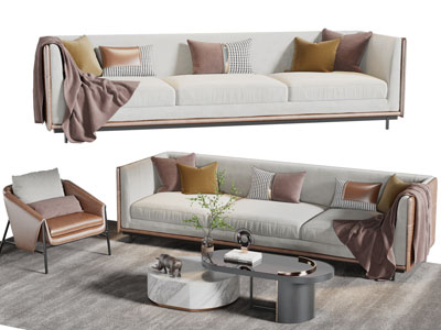 新中式多人沙发、休闲椅子和茶几组合