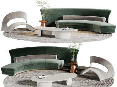 侘寂风弧形多人沙发、茶几组合