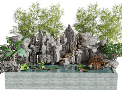 新中式庭院假山、水塘景观园艺小品