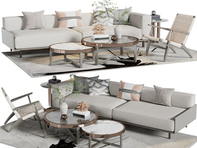 现代布艺多人沙发、休闲椅子和茶几组合