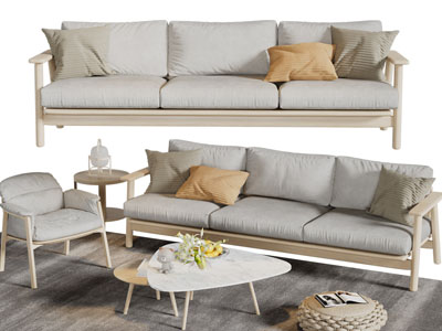 北欧实木多人沙发、休闲椅子和茶几组合