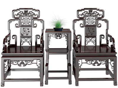中式雕花扶手椅、边几