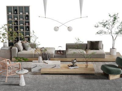 侘寂风多人沙发、休闲椅子和茶几组合