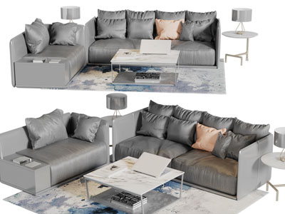 现代灰角多人、单人沙发和茶几组合
