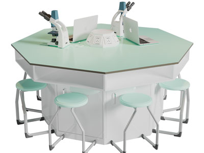 现代多边形实验桌凳组合、显微镜