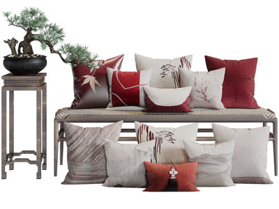 新中式沙发凳、花架盆栽