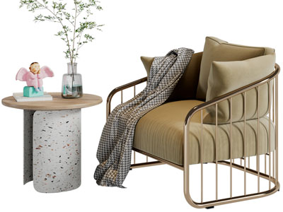 现代轻奢单人沙发、边几3d模型 现代轻奢单人沙发、边几