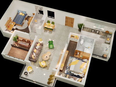现代室内家装鸟瞰图3d模型 现代室内家装鸟瞰图