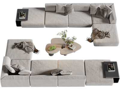 现代布艺转角多人沙发、茶几组合