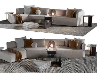 后现代转角多人沙发、茶几边几组合
