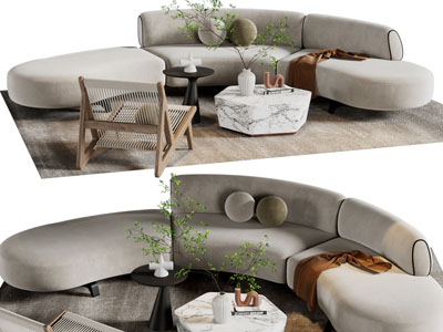 侘寂风布艺弧形多人沙发、休闲椅子和茶几组合