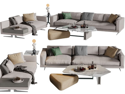 现代布艺多人沙发、贵妃椅和茶几组合