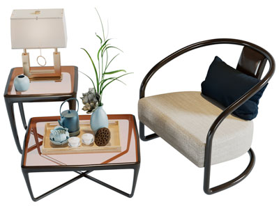 新中式休闲沙发椅、边几3d模型 新中式休闲沙发椅、边几