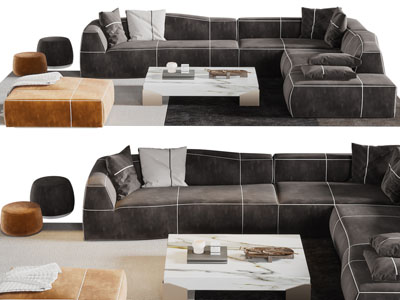 现代布艺转角多人沙发、茶几和沙发凳组合