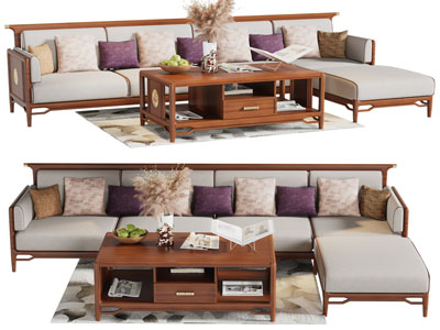 新中式转角多人沙发、茶几组合