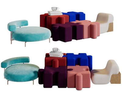 后现代积木拼接茶几、休闲沙发椅子