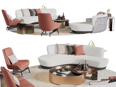 现代多人沙发、休闲椅子和茶几组合