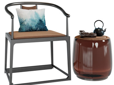 新中式扶手椅子、边几