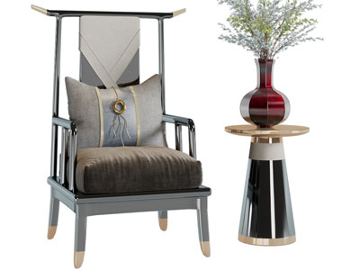 新中式扶手椅子、边几