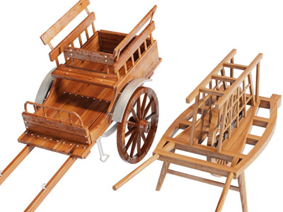 现代老式实木拉车、手推车