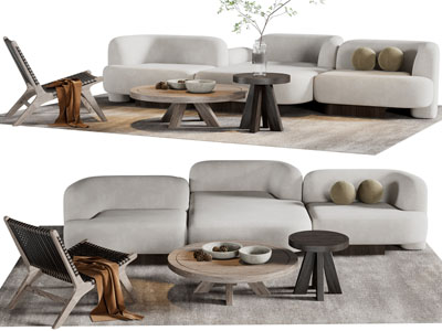 侘寂风多人沙发、休闲椅子和茶几组合