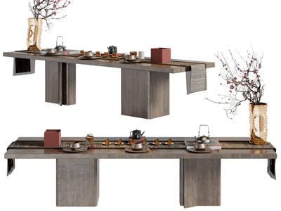 现代实木茶桌、茶具杯子