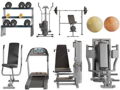 现代杠铃、跑步机、椭圆机健身器材3d模型 现代杠铃、跑步机、椭圆机健身器材