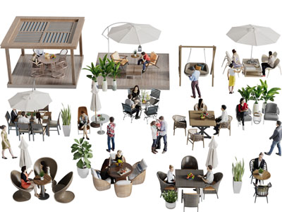 现代户外餐桌椅组合、用餐的多人人物3d模型 现代户外餐桌椅组合、用餐的多人人物