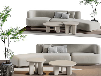 侘寂风弧形多人沙发、茶几组合