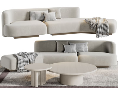 侘寂风弧形多人沙发和茶几组合