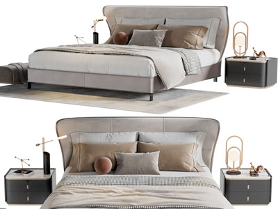 现代双人床、床头柜台灯