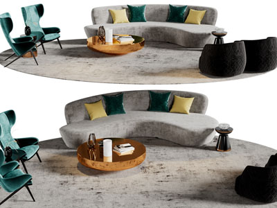 现代弧形多人沙发、休闲椅子和茶几组合