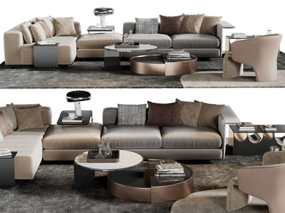 现代布艺多人沙发、休闲沙发椅和茶几组合