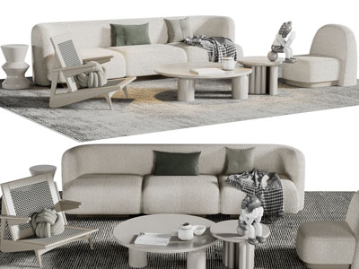 侘寂风多人沙发、休闲椅子、茶几组合