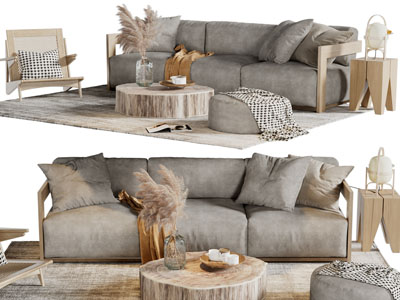 侘寂风多人沙发、休闲椅子和茶几组合