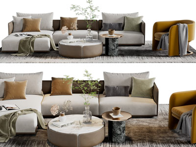 现代布艺多人沙发、休闲椅子和茶几组合