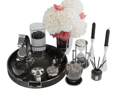 现代托盘茶具杯子、烛台和花瓶花卉摆件