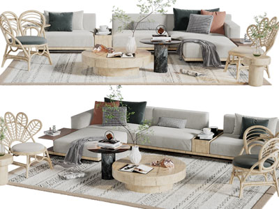 北欧布艺多人沙发、休闲椅子和茶几组合