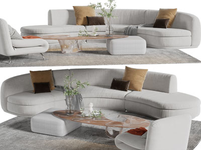 现代弧形多人沙发、单人沙发和茶几组合