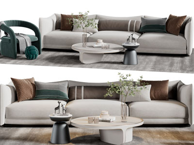 现代布艺多人沙发、沙发椅子和茶几组合