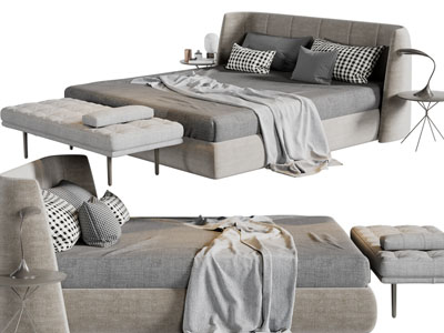 侘寂风双人床、床尾凳