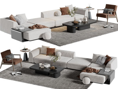 现代转角多人沙发、休闲椅子和茶几组合