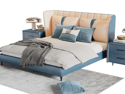 现代蓝色双人床、床头柜