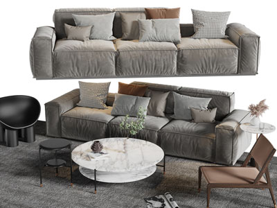 现代布艺多人沙发、休闲椅子和茶几组合