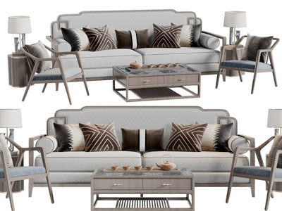 新中式双人沙发、休闲椅子和茶几组合