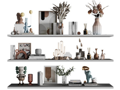 现代隔板上的书籍、花瓶花卉摆件组合