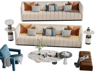 现代布艺多人沙发、休闲椅子和茶几组合