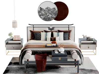 新中式双人床、床头柜、床尾凳